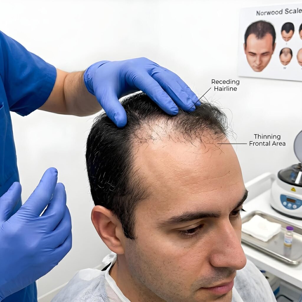Dermatologist examining a man's receding hairline and thinning frontal area before PRP treatment