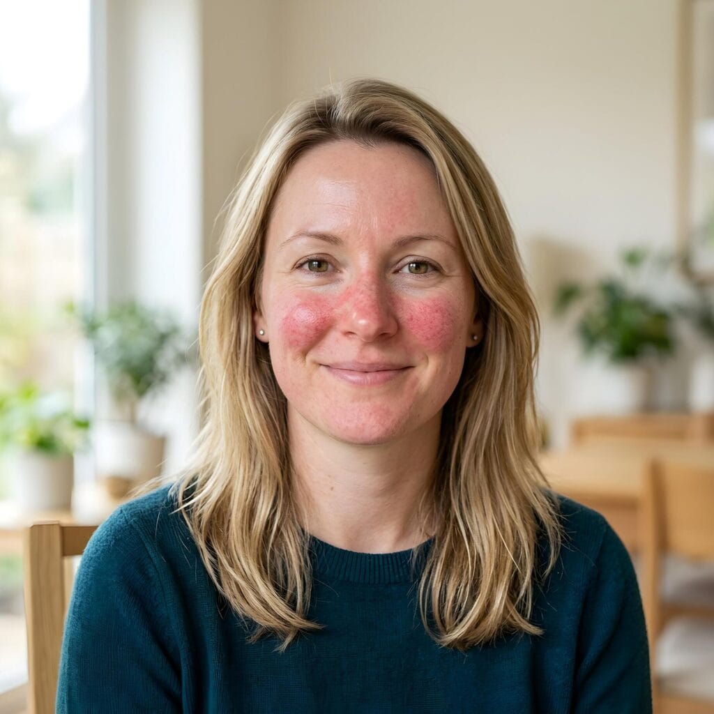 Rosacea with central facial redness and flushing on the cheeks