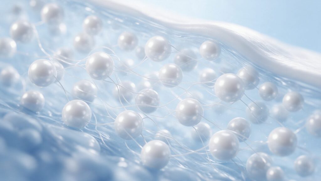 Illustration of Radiesse calcium hydroxylapatite microspheres stimulating new collagen in the skin
